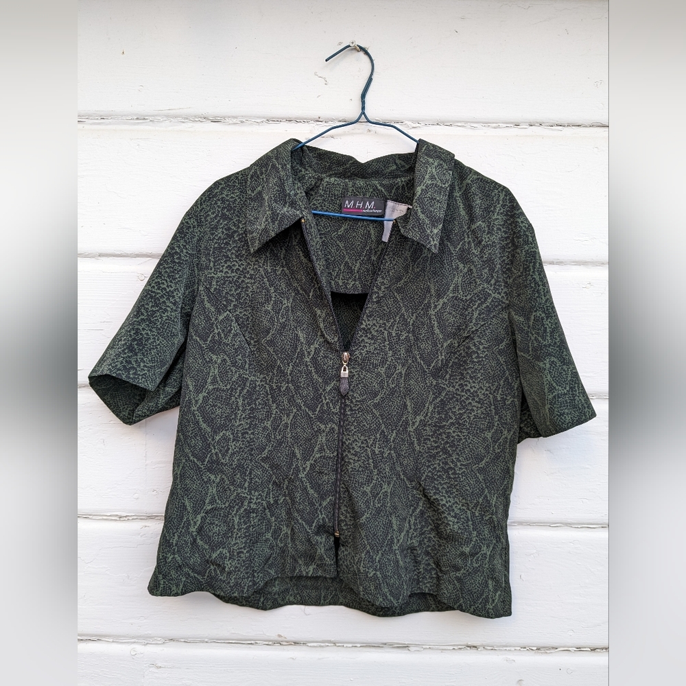 M.H.M. Melissa Harper Snakeskin Print in Olive Green and Black Vintage Polyester